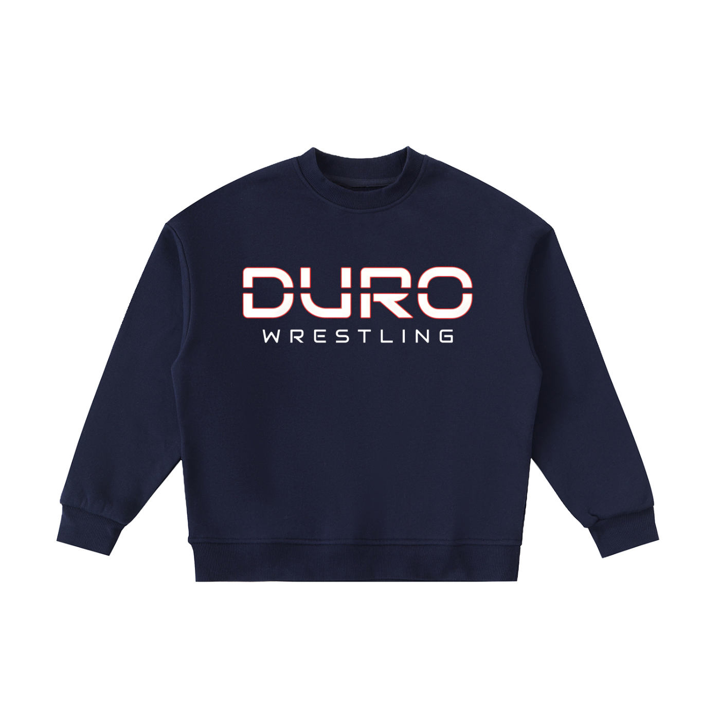 DURO Youth Wrestling heavyweight fleece crewneck in navy blue, front view