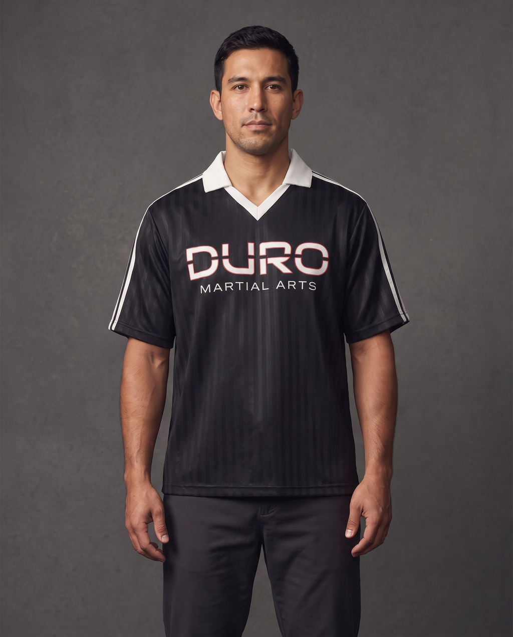 DURO Martial Arts Club Jersey modeled against a charcoal studio background — AI-generated styling image