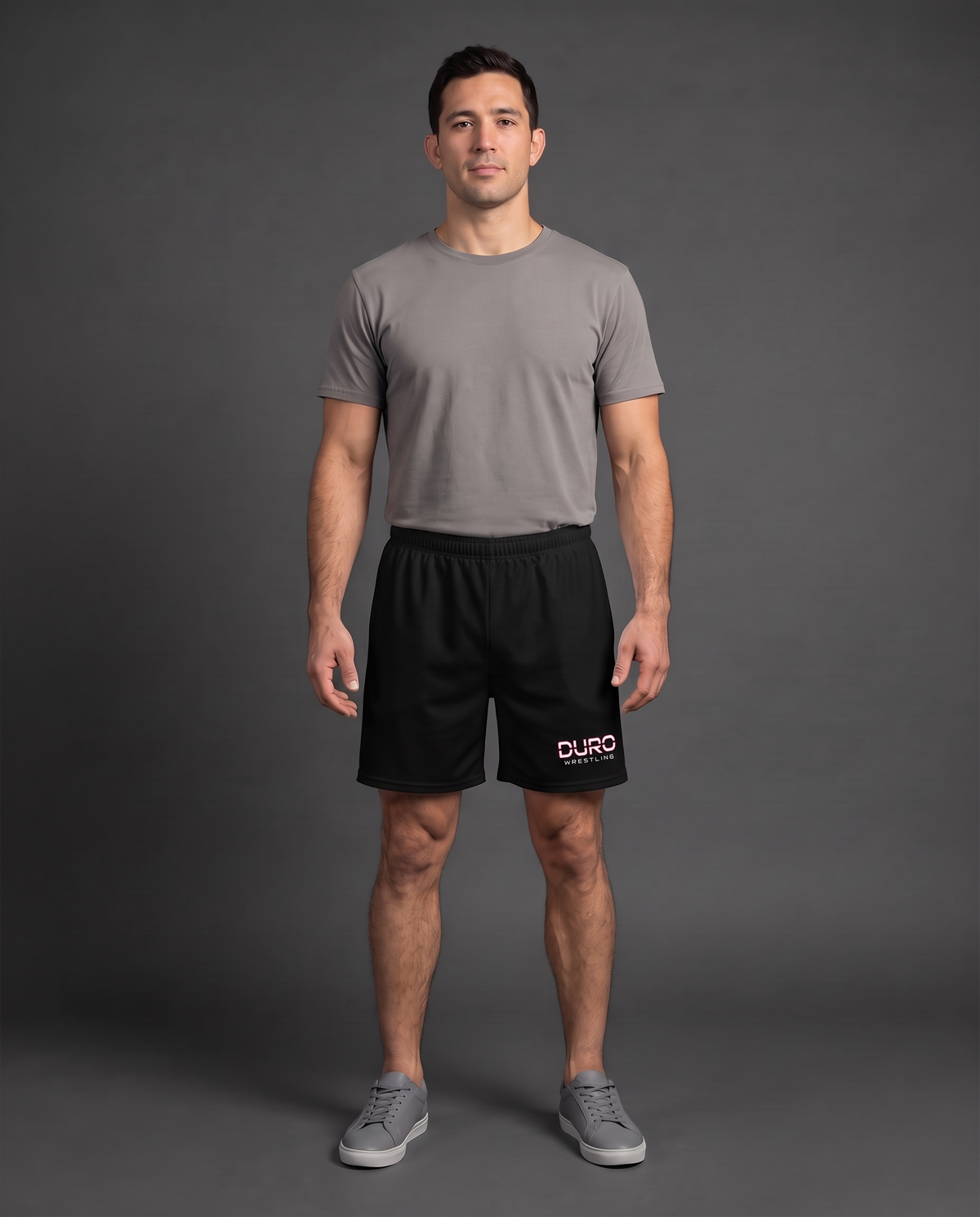 DURO Wrestling Athletic Shorts modeled against a charcoal studio background — AI-generated styling image
