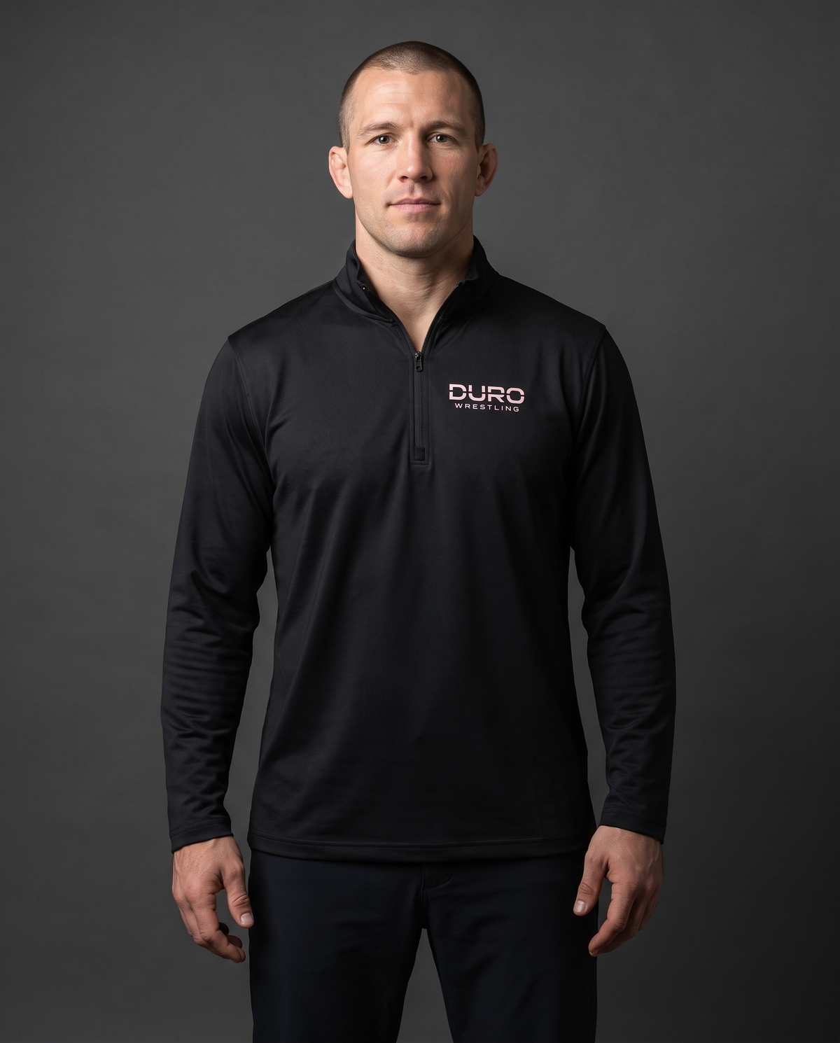 DURO Wrestling Performance Quarter-Zip modeled against a charcoal studio background — AI-generated styling image