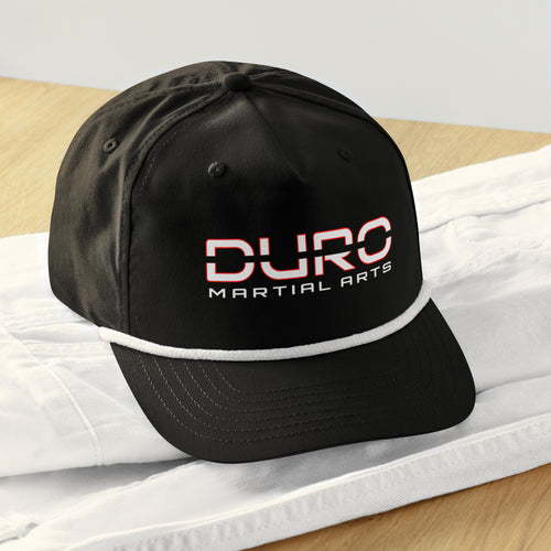 DURO Martial Arts 5-panel rope cap in black and white, angled front view