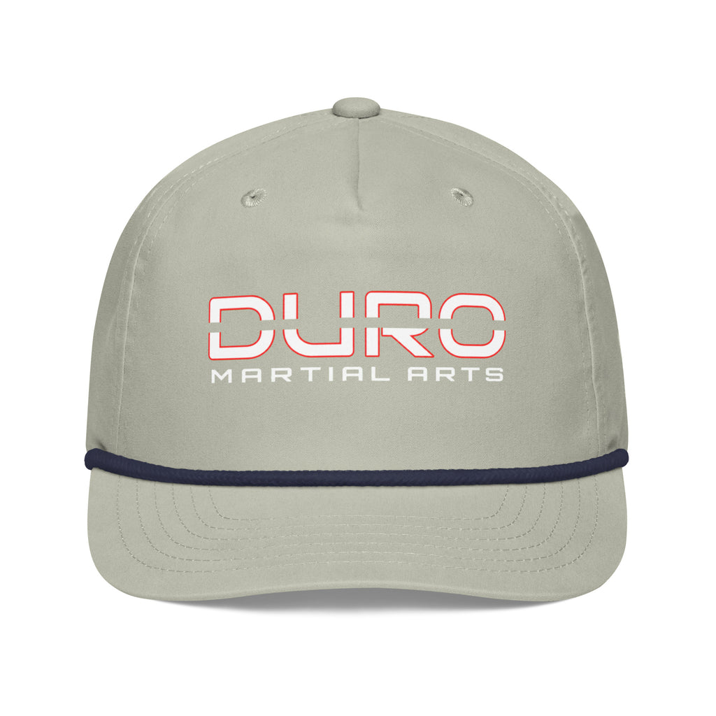 DURO Martial Arts 5-panel rope cap in light grey and navy, angled front view