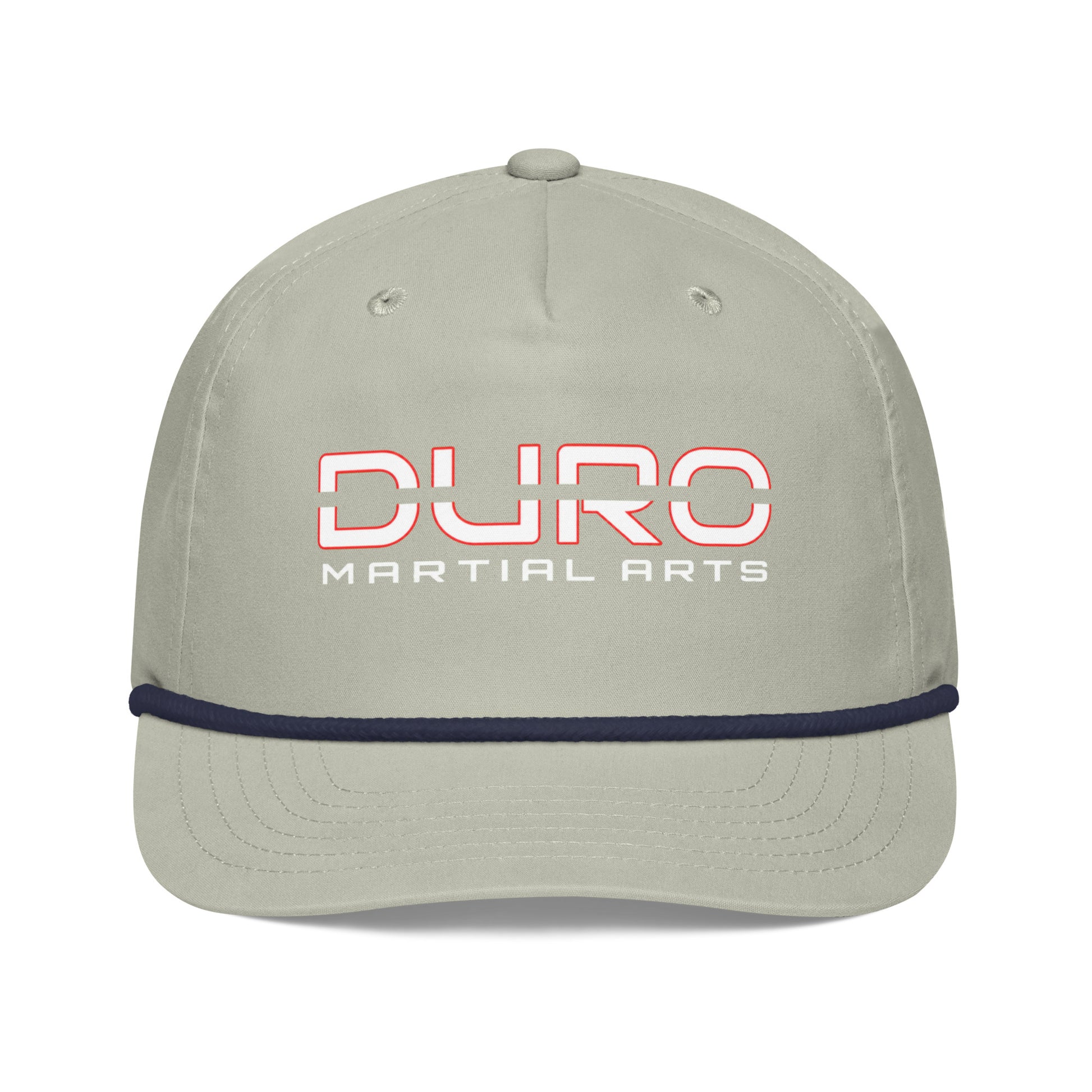 DURO Martial Arts 5-panel rope cap in light grey and navy, angled front view