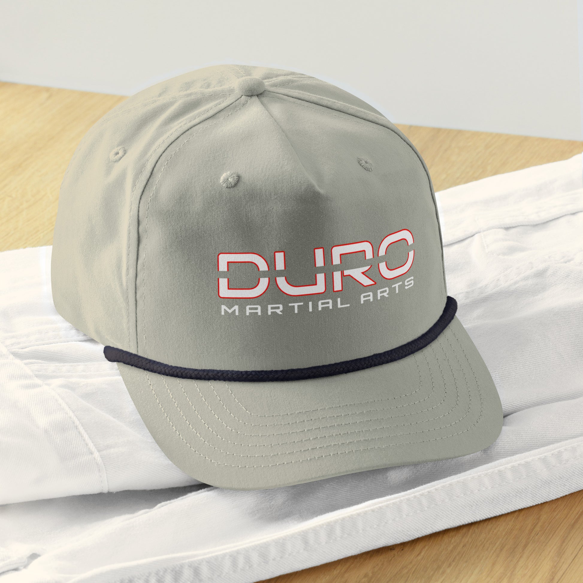 DURO Martial Arts 5-panel rope cap in light grey and navy, front view