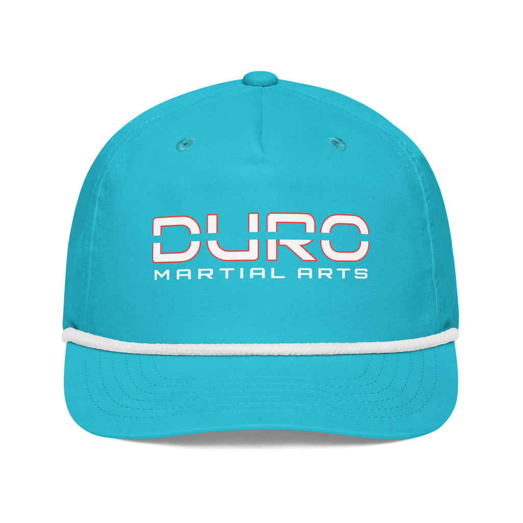 DURO Martial Arts 5-panel rope cap in turquoise and white, angled front view