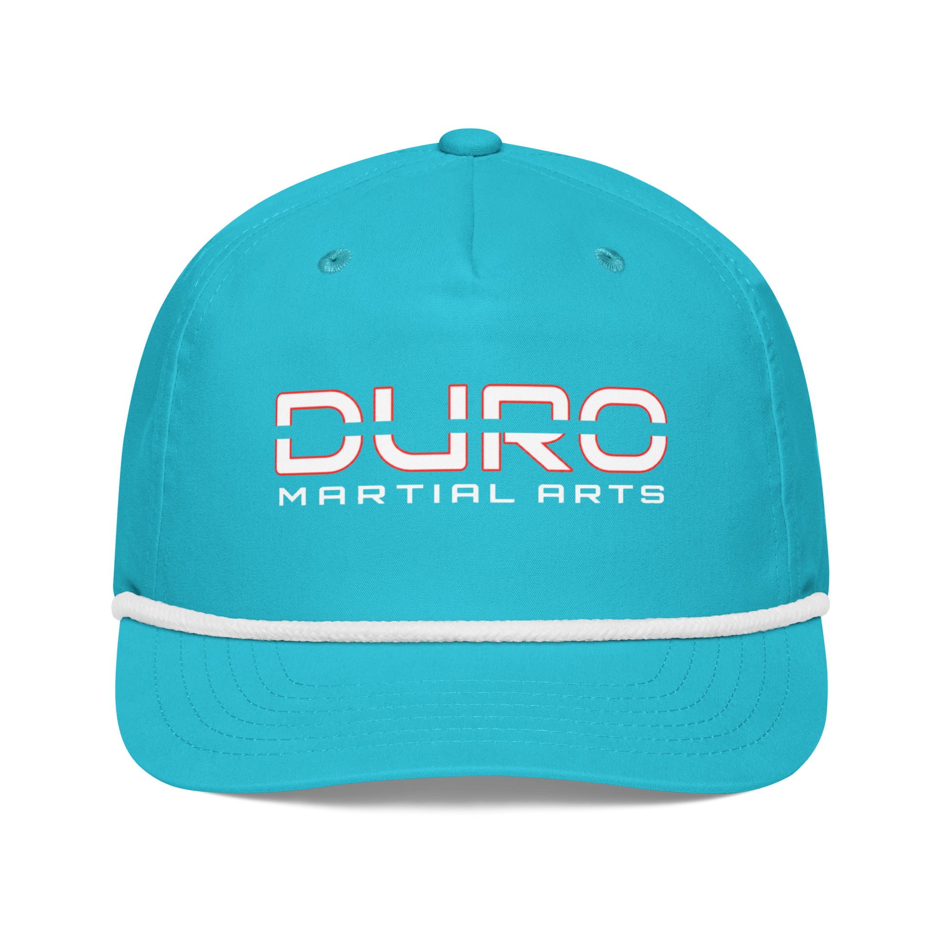 DURO Martial Arts 5-panel rope cap in turquoise and white, angled front view