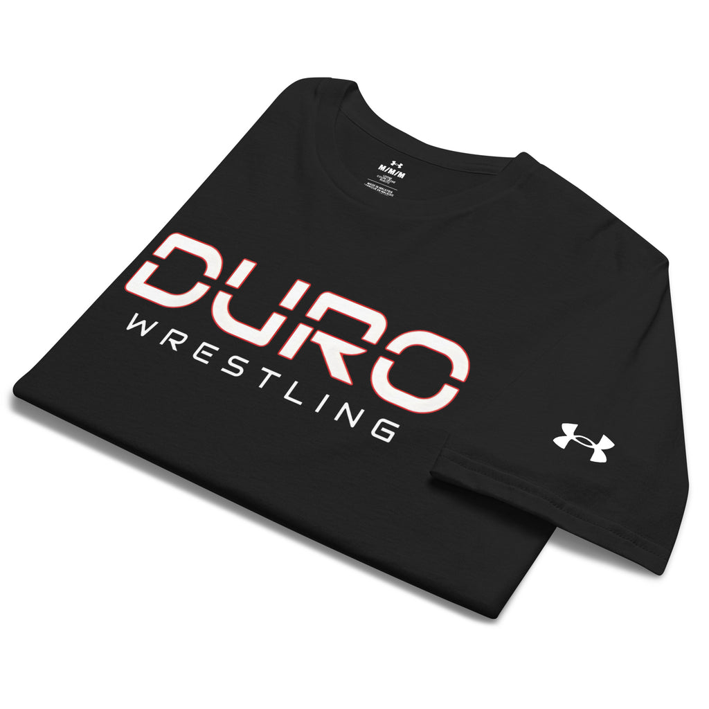 DURO Wrestling Under Armour training tee in black, angled front view