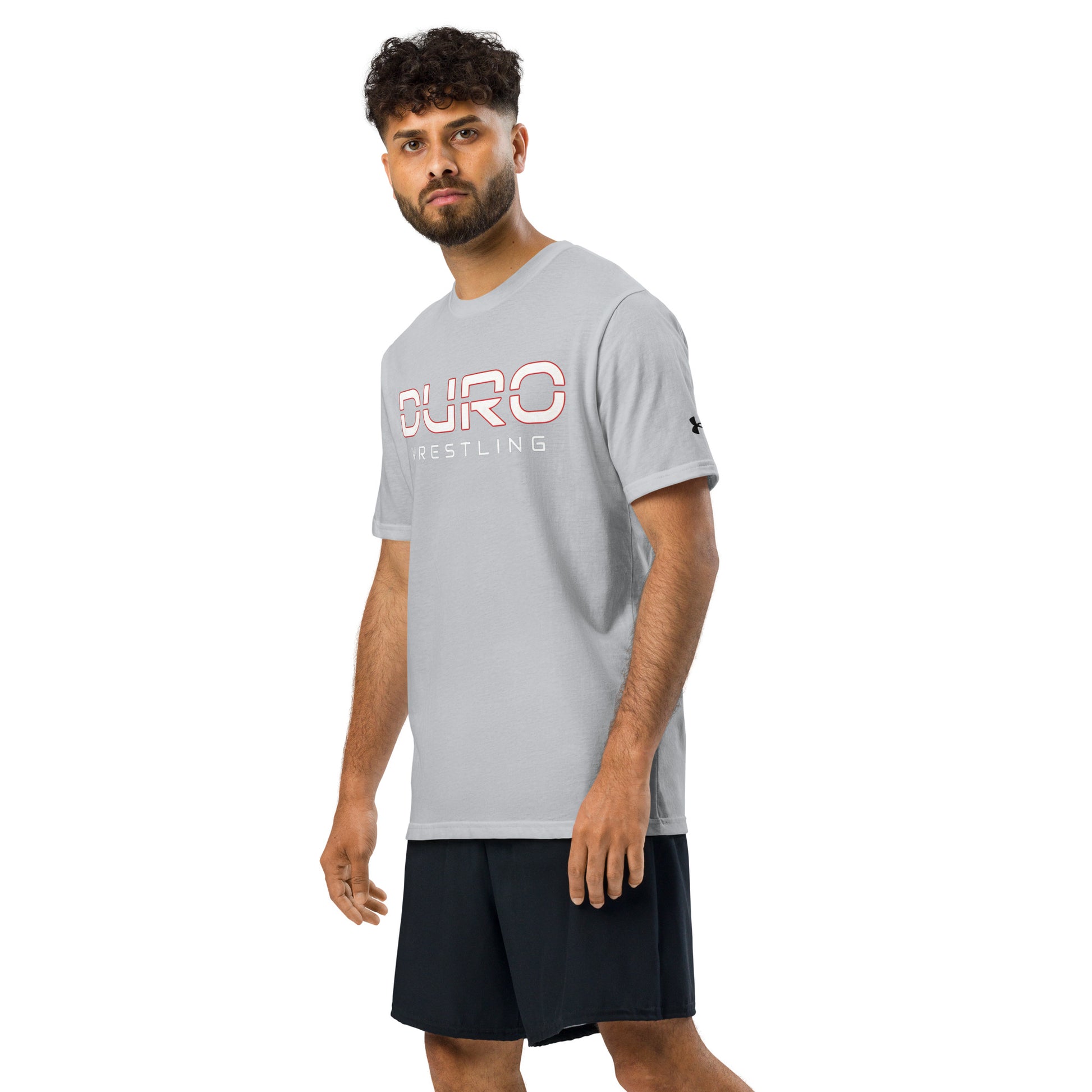 DURO Wrestling Under Armour training tee in grey, angled front view
