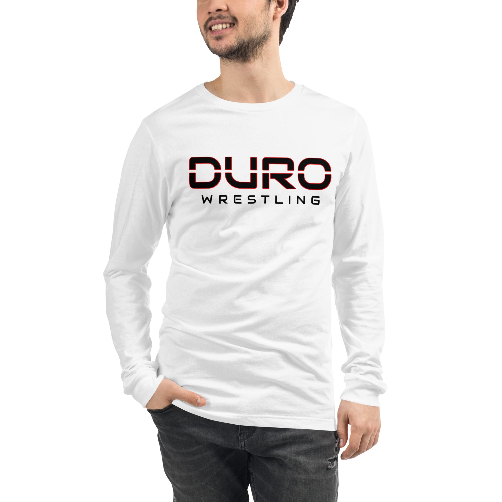 DURO Wrestling everyday long sleeve tee in white, front view