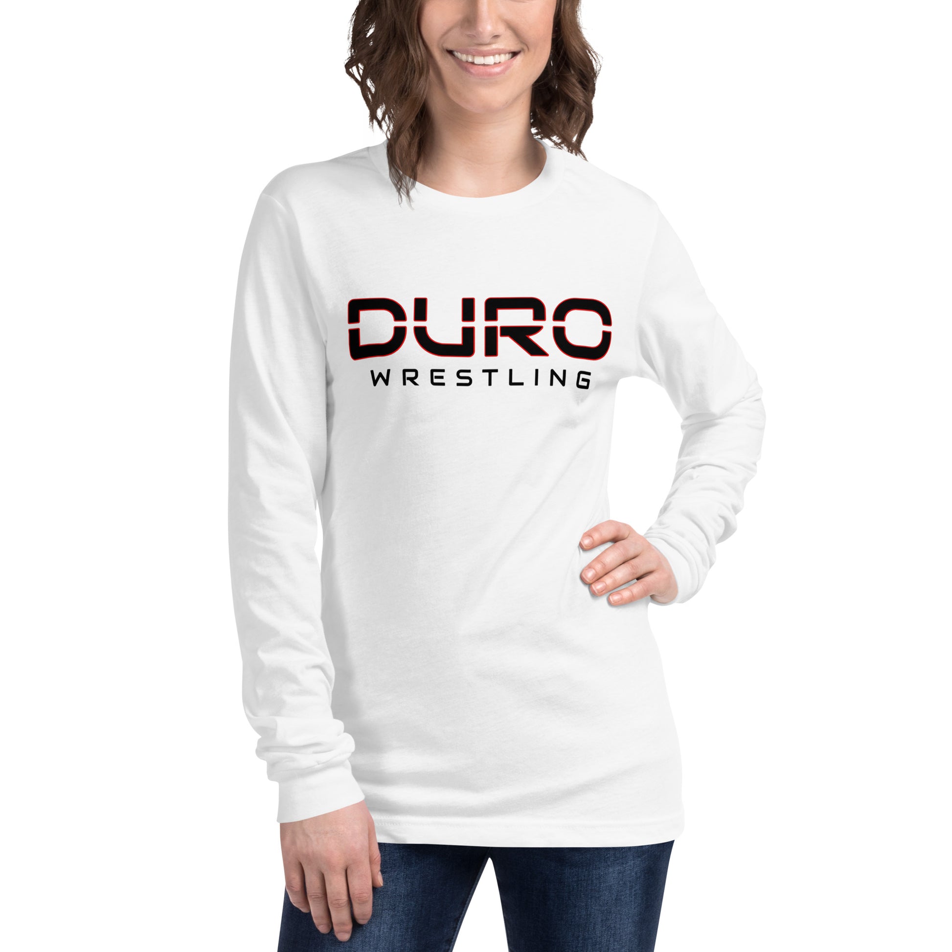 DURO Wrestling everyday long sleeve tee in white, angled front view