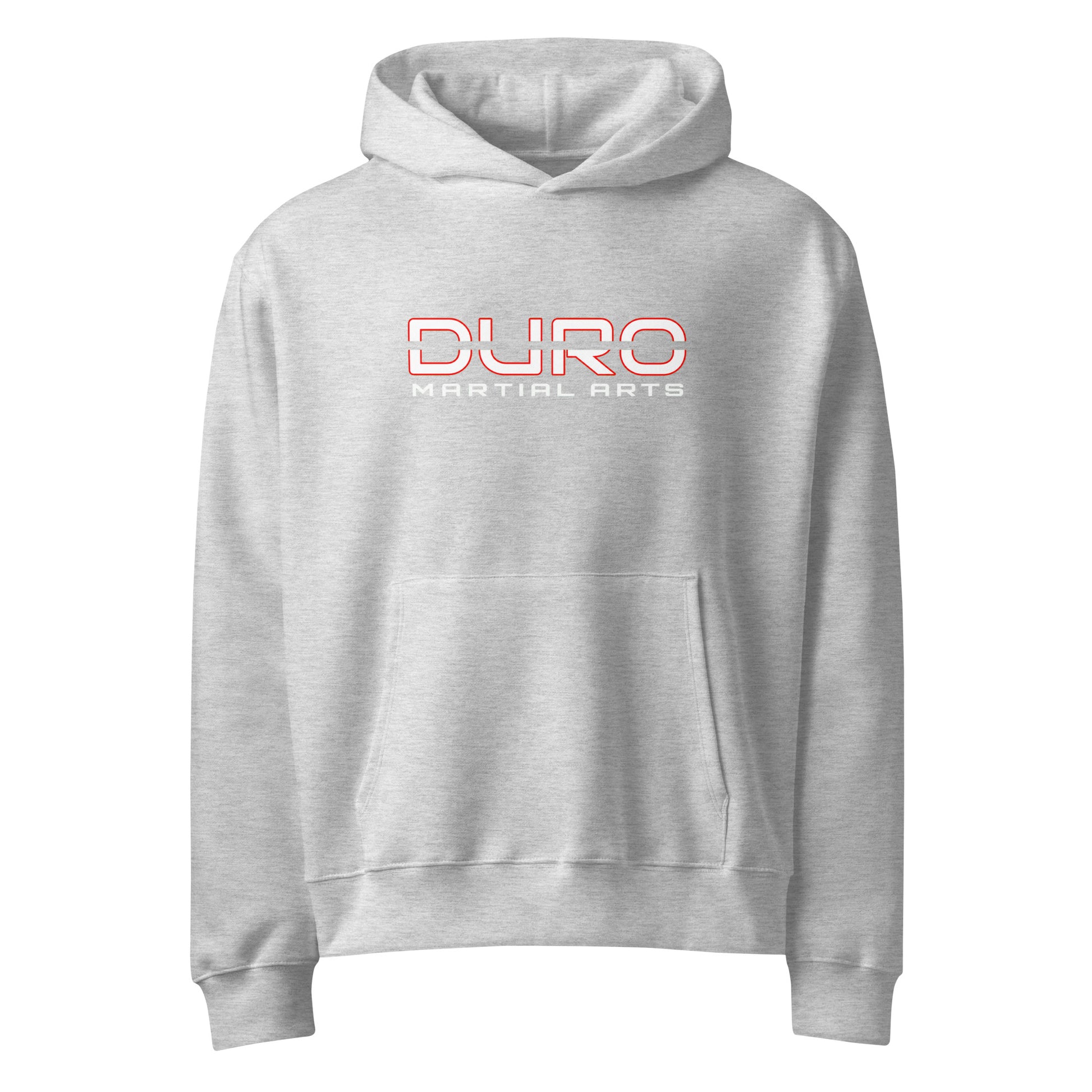 DURO Martial Arts heavyweight hoodie in athletic heather grey, front view