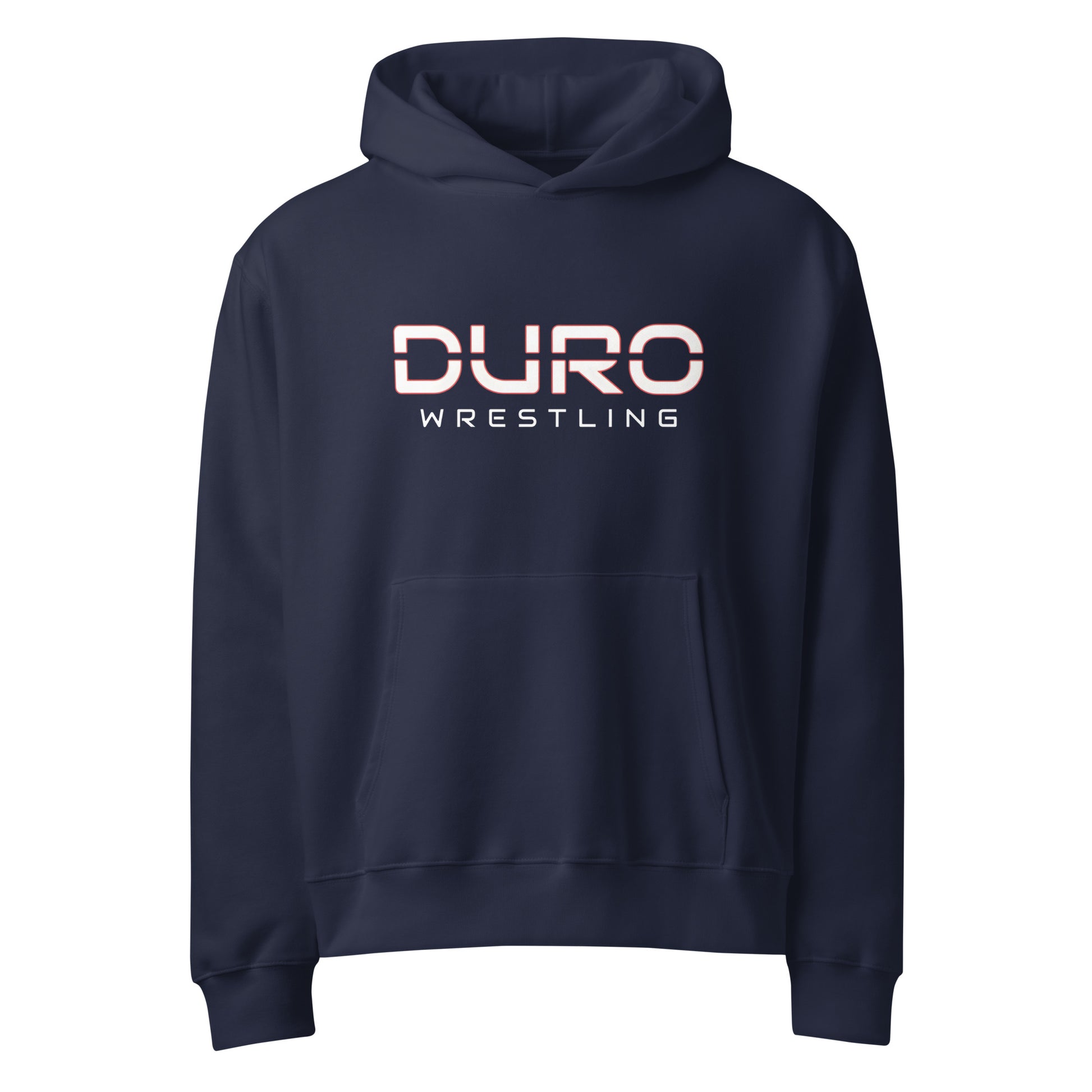 DURO Wrestling heavyweight hoodie in navy, angled front view