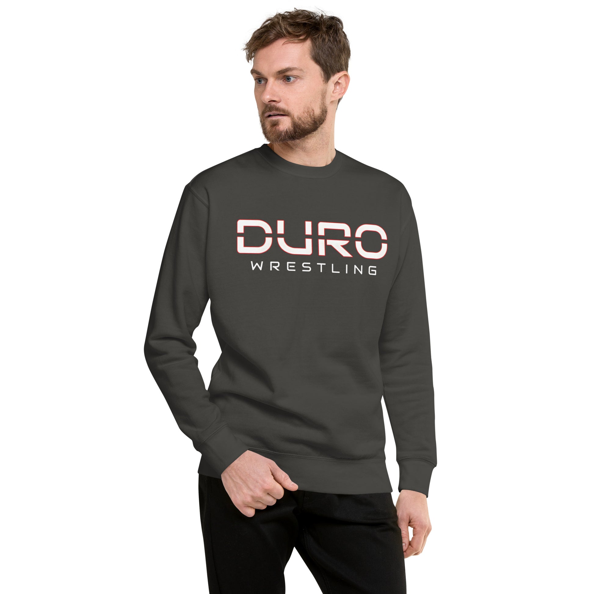 DURO Wrestling premium training crewneck in vintage black, angled front view