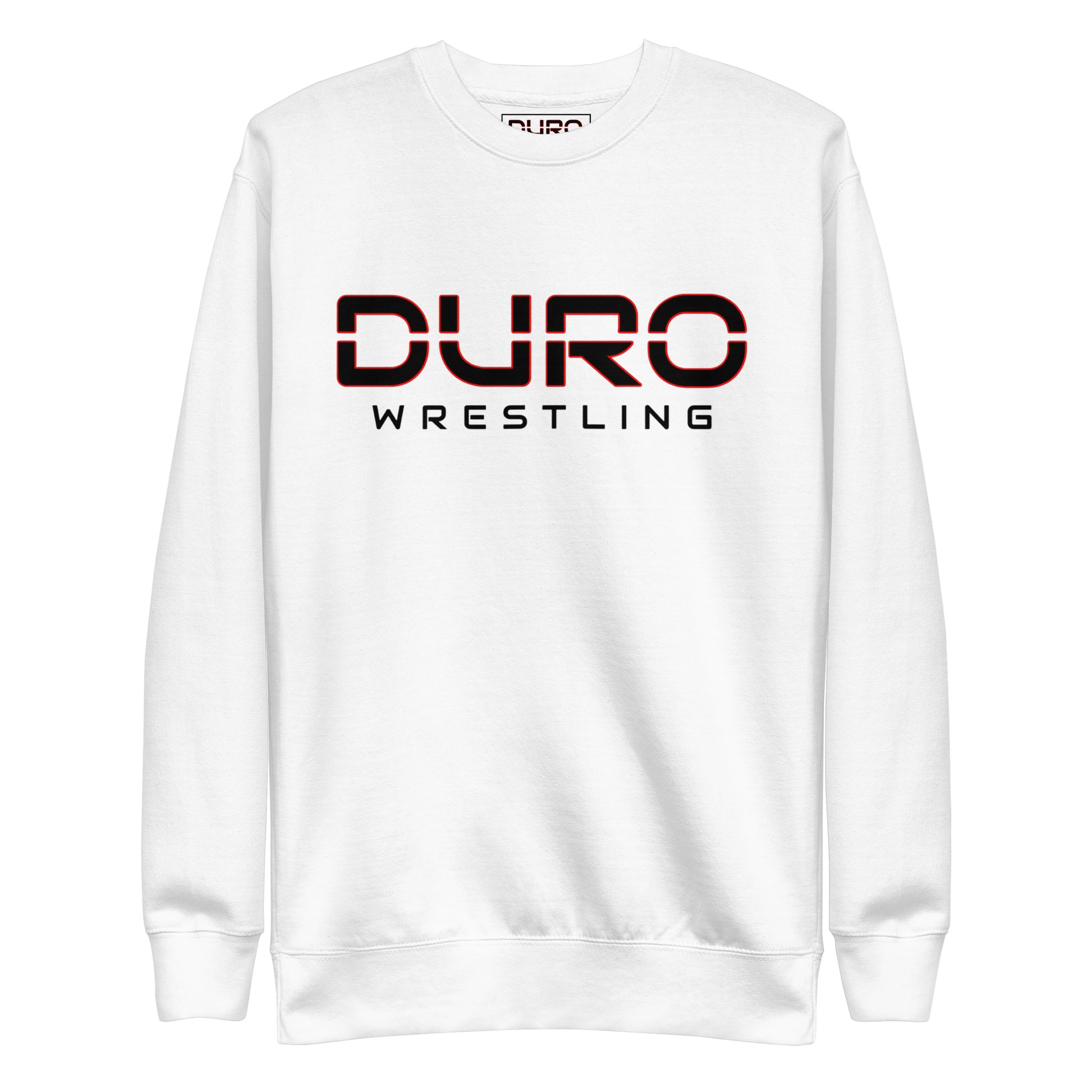 DURO Wrestling premium training crewneck in white, front view