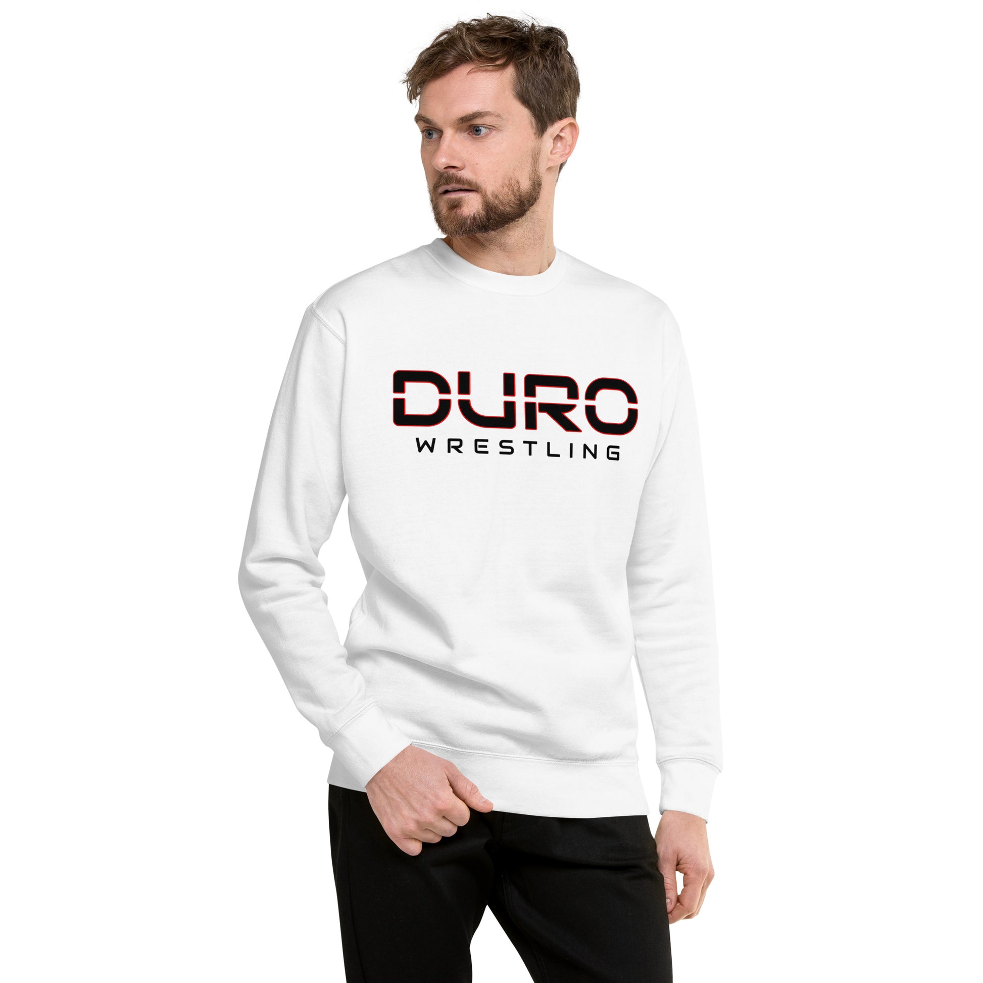 DURO Wrestling premium training crewneck in white, angled front view