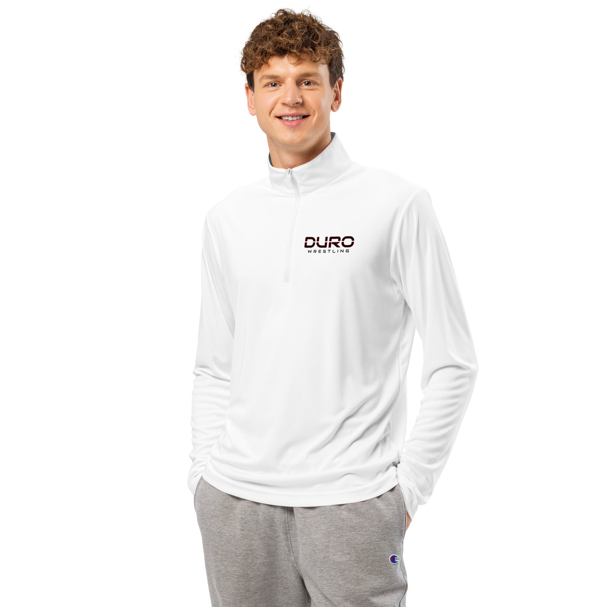 DURO Wrestling performance quarter-zip in white, front view