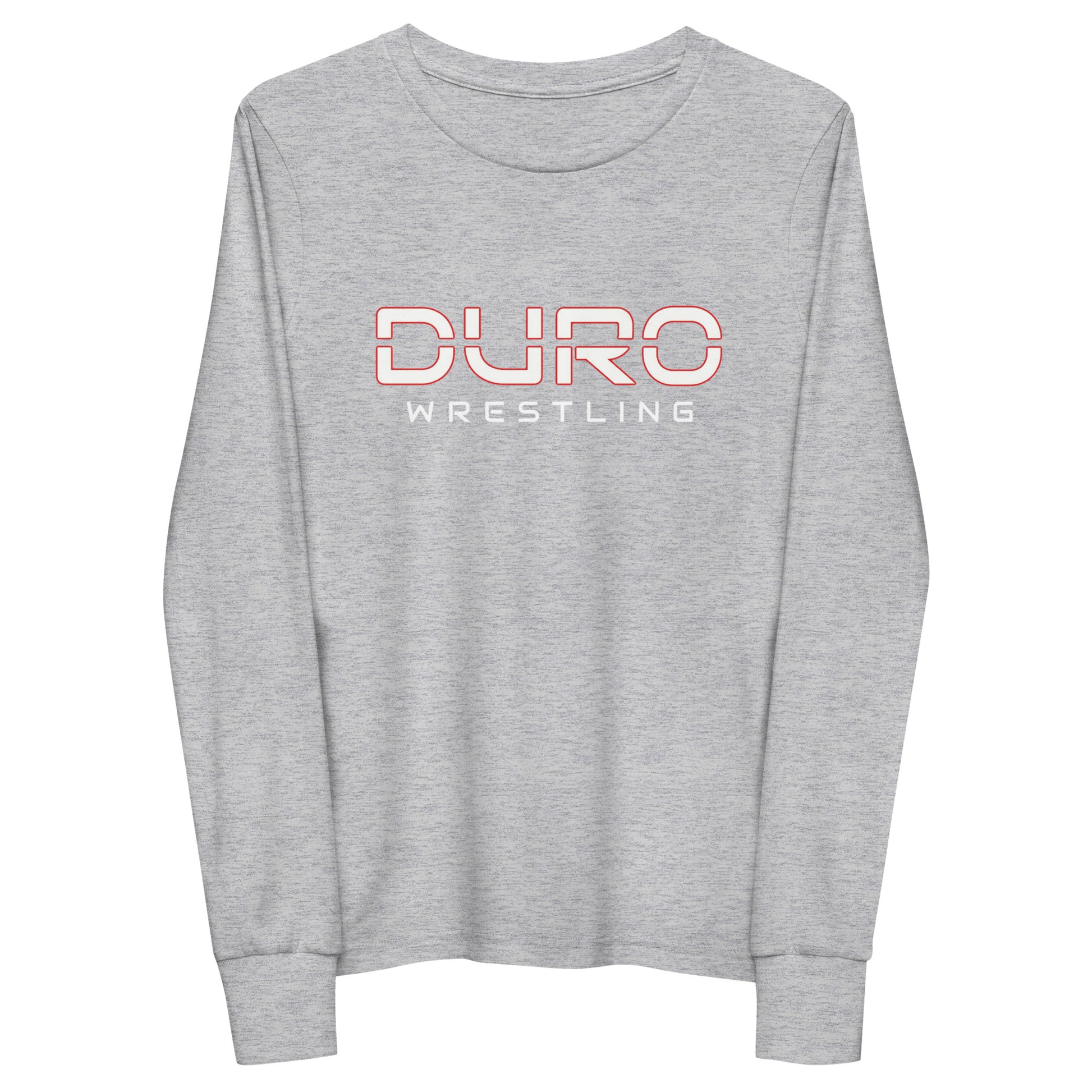 DURO Youth Wrestling long sleeve tee in athletic heather grey, front view