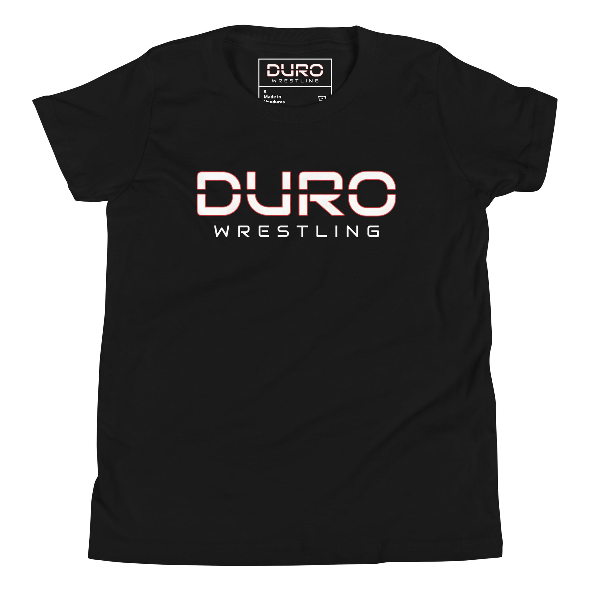 DURO Youth Wrestling everyday tee in black, front view