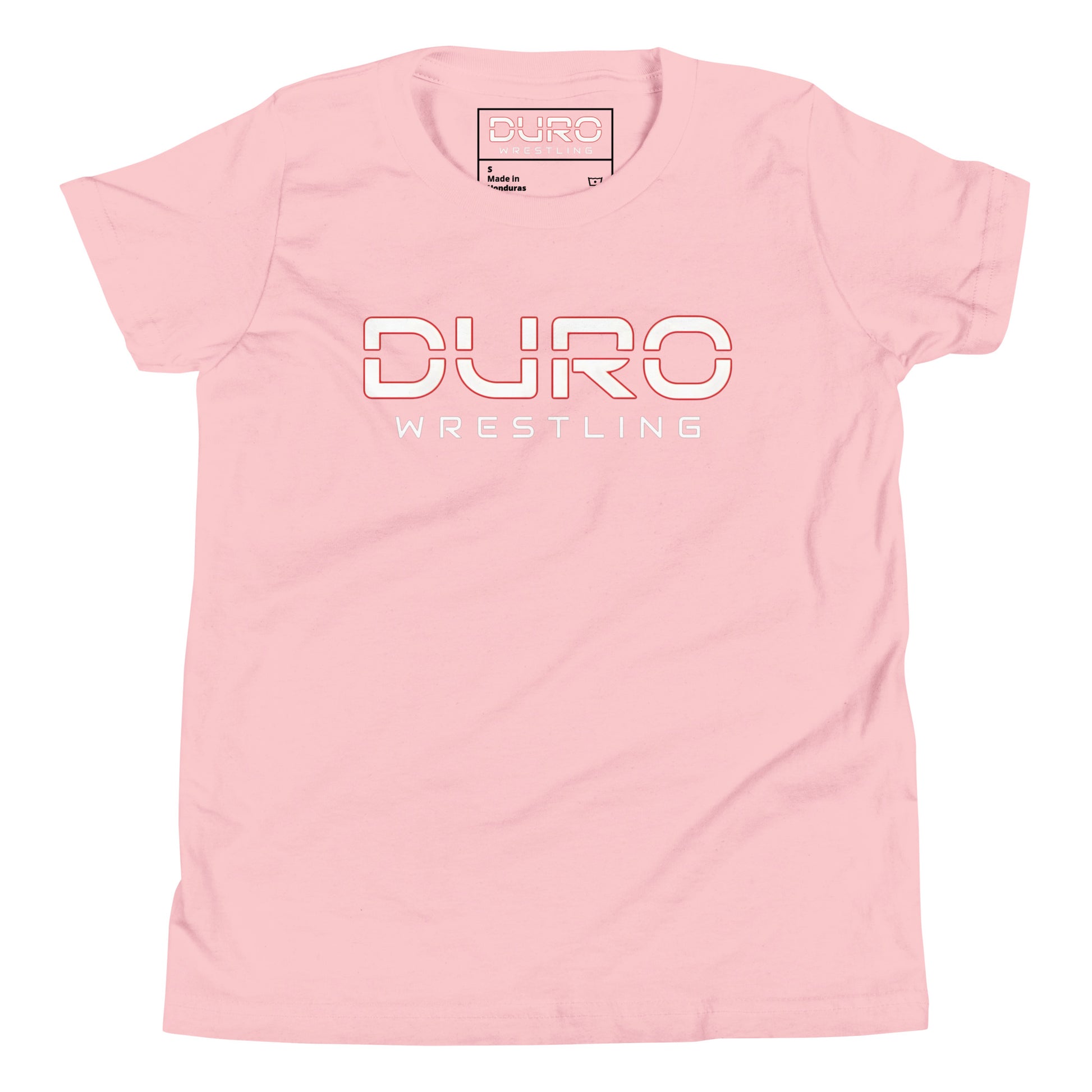 DURO Youth Wrestling everyday tee in pink, front view